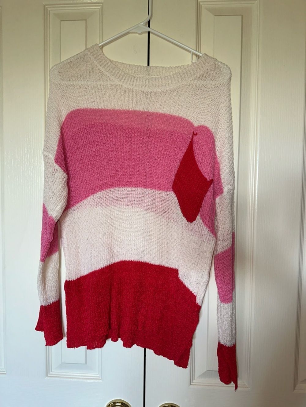 Colorblock Crewneck Sweater in Pink, Red & Cream